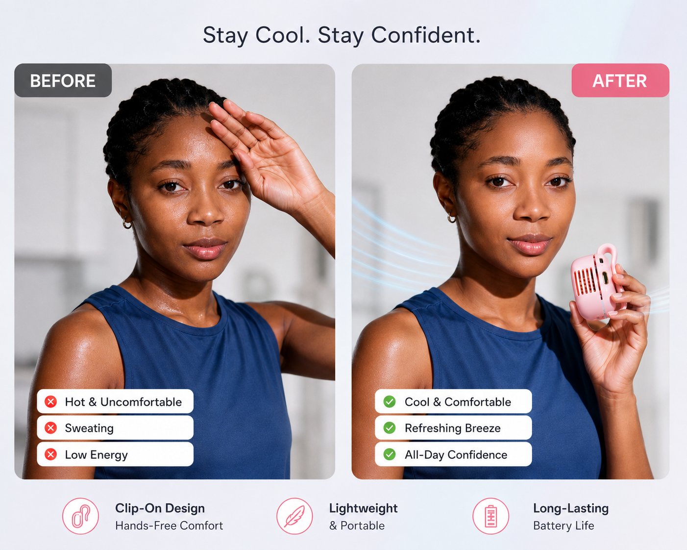 Portable Rechargeable Clip-On Personal Fan – USB-C Mini Wearable Cooling Fan, 3-Speed, 360° Adjustable