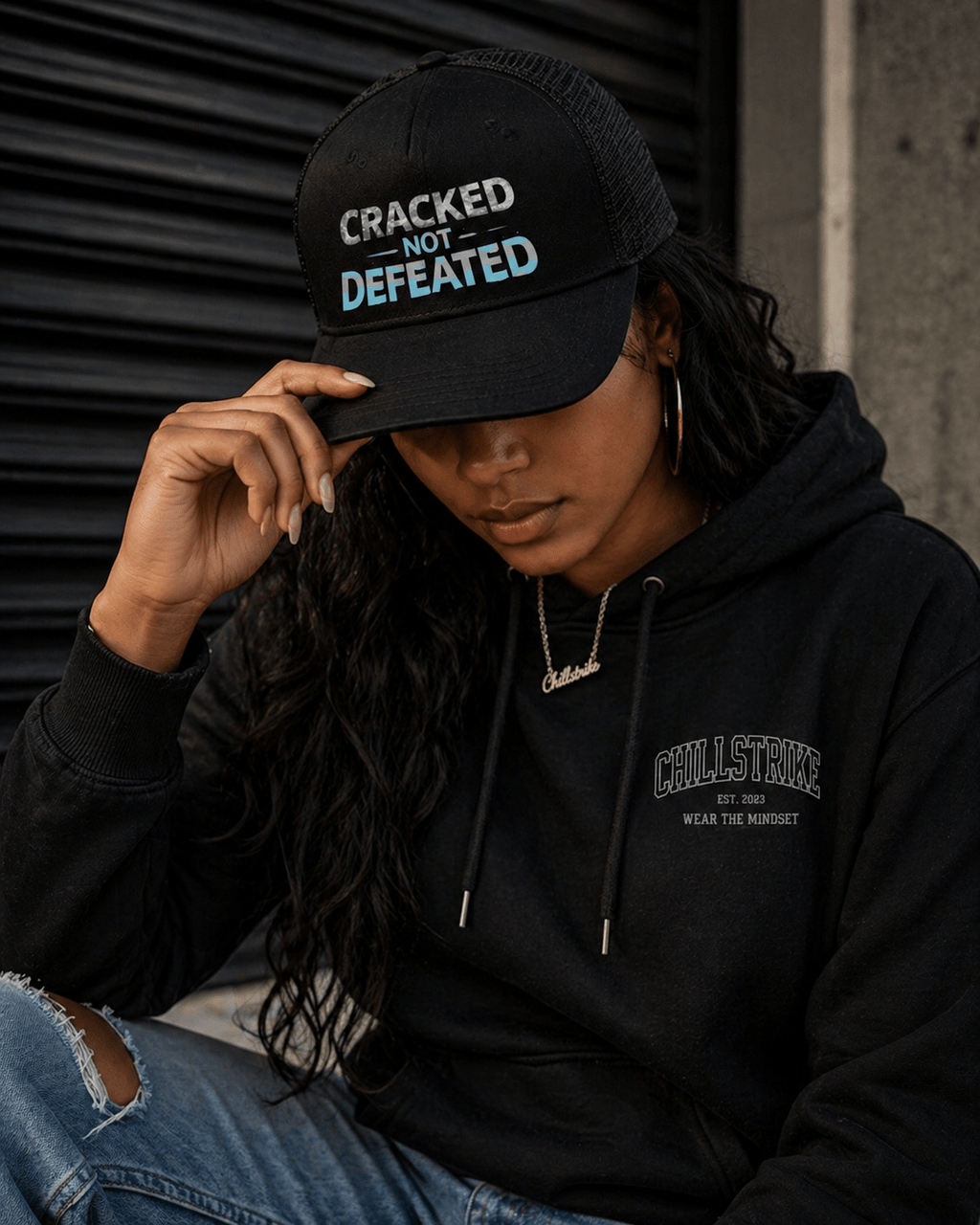 Cracked Not Defeated Trucker Hat – Ice Blue Snapback Cap | ChillStrike Hat oversized streetwear hoodie t-shirt for men women - CHILLSTRIKE premium urban fashion